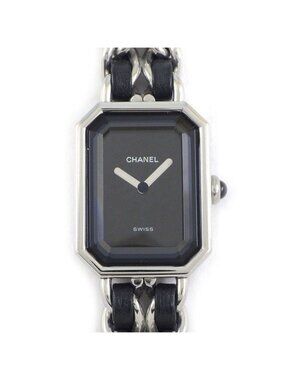 Chanel Watch Premiere M Octagonal Black Dial Chain Bracelet Leather Strap SS